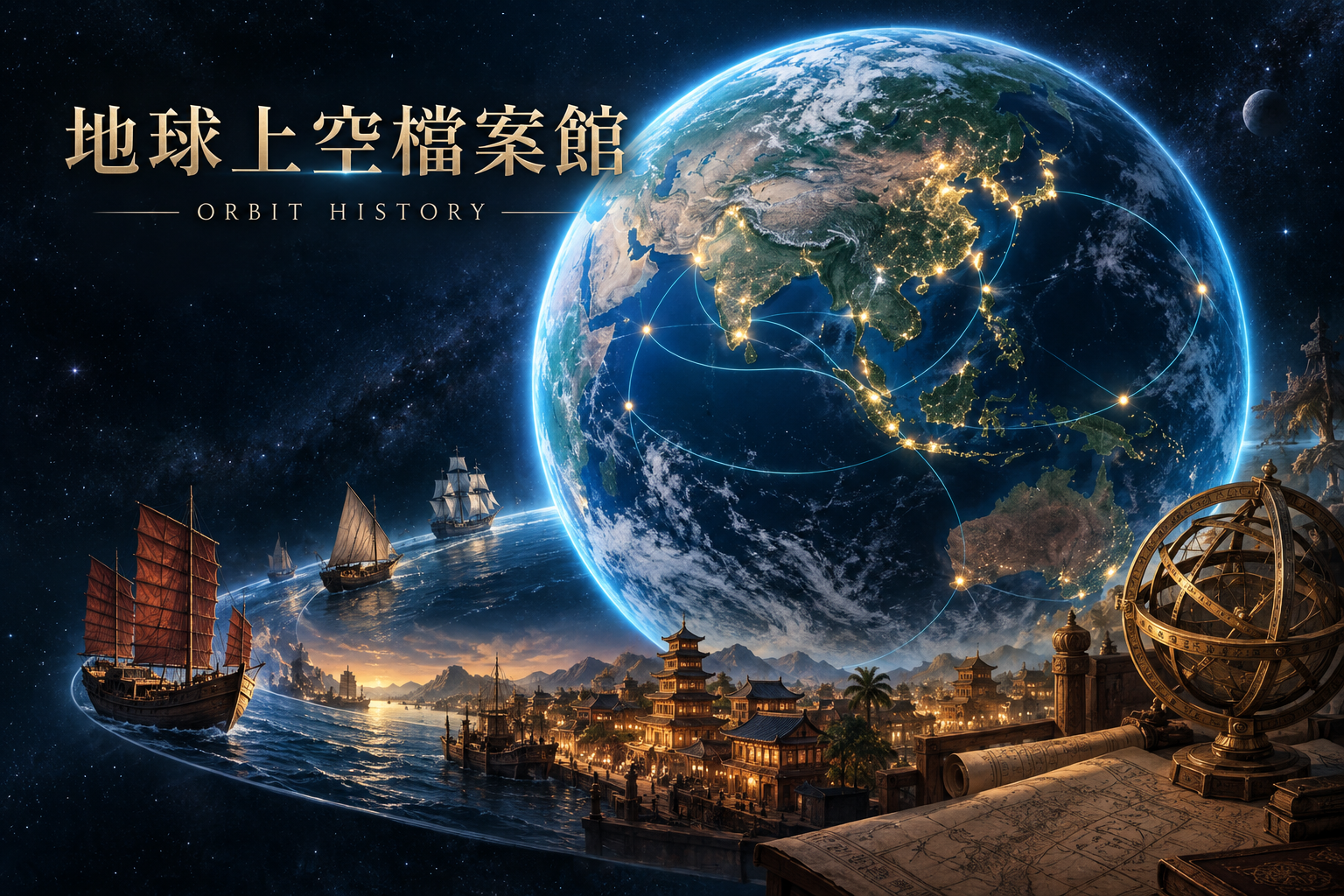 地球上空檔案館封面插畫：地球、港口與古天文儀器